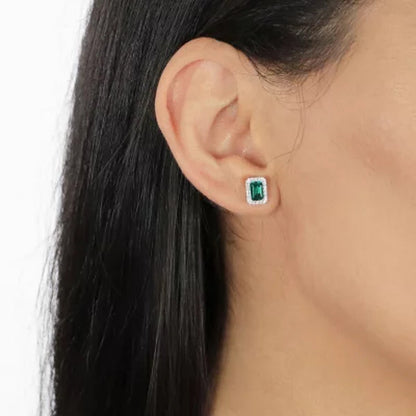 925 Sterling Silver Lab Created Emerald and 0.11 CT. T.W. Diamond Stud Earrings