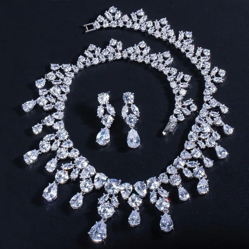 CANDICE Gorgeous Multi Cut CZ Diamond Water Drop Tassel Necklace Earrings Set Hi