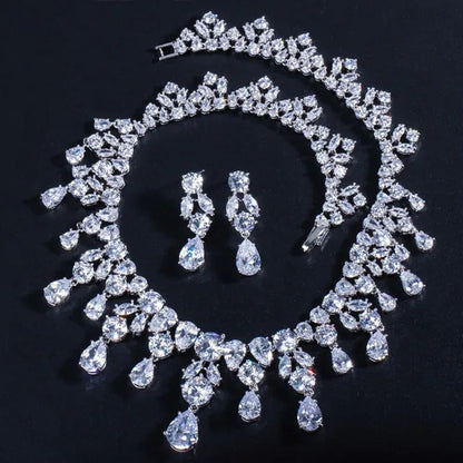 CANDICE Gorgeous Multi Cut CZ Diamond Water Drop Tassel Necklace Earrings Set Hi
