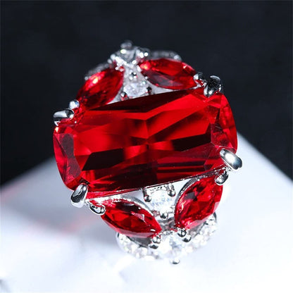 Luxury 925 Sterling Silver Womens Ring Shiny Rectangle Red Gem Princess Ring Fas