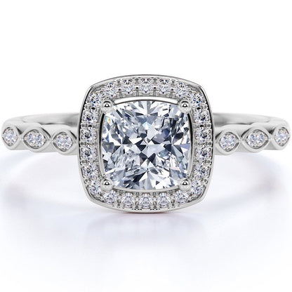 1.25 Carat Cushion Cut Moissanite and Diamond Vintage Engagement Ring in 10K Whi