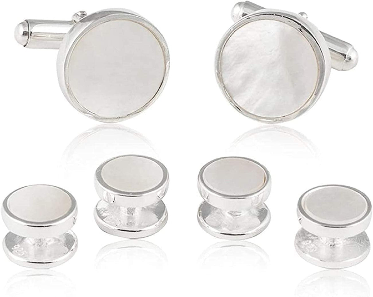 Mens Sterling Silver White Mother of Pearl Tuxedo Cufflinks and Studs | Solid 92