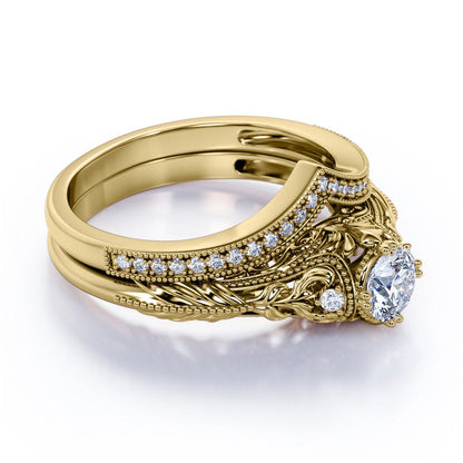 Engraved .68 Carat round Cut Real Diamond Victorian-Inspired Wedding Ring Set wi