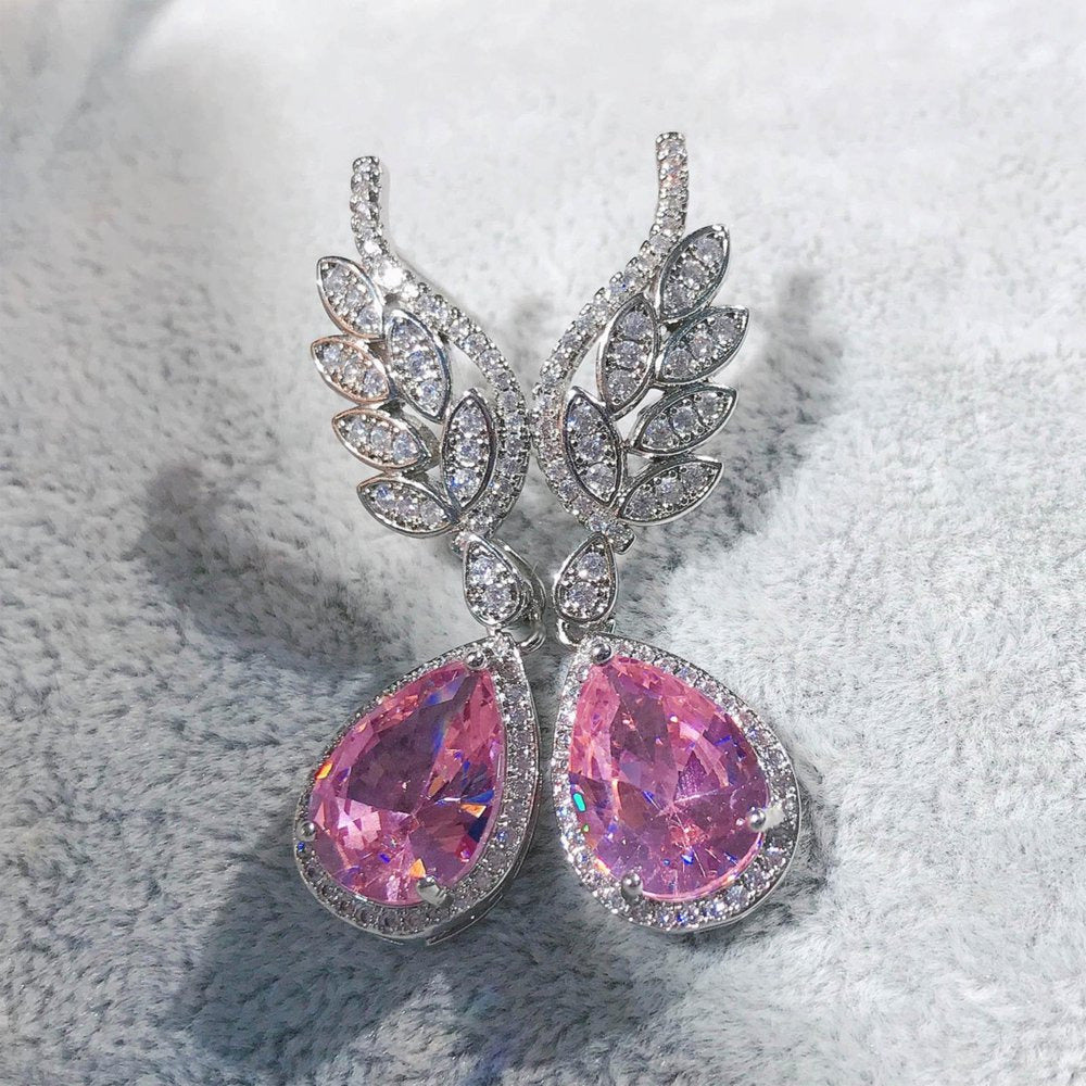 Gold Plated Jewelry Earrings Inlaid with Water Droplets Pink Diamond Earrings Fe