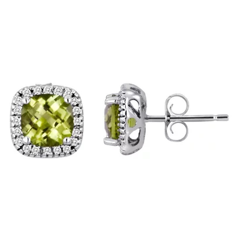 Cushion-Cut Peridot and Diamond Earrings in 14K White Gold