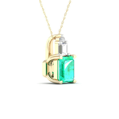 Imperial Gemstone 10K Yellow Gold Octagonal Cut Emerald and Diamond Pendant Neck