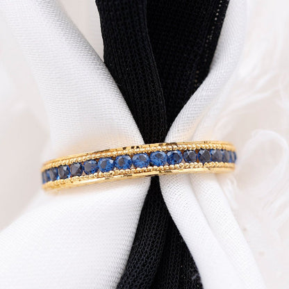 1 CT Created Blue Sapphire Eternity Ring with Milgrain Details, 14K Yellow Gold,