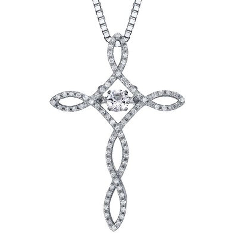 Dancing Created White Sapphire and 0.15 CT. T.W. Diamond Cross Pendant in Sterli