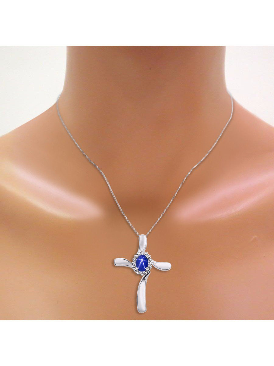 Diamond & Blue Star Sapphire Cross Pendant Necklace Set in Set in Sterling Silve