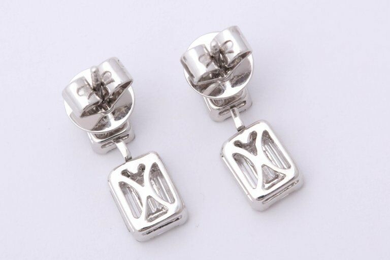 Emerald Cut Illusion Diamond Dangle Drop Earring  1.37 ct 18 k white gold