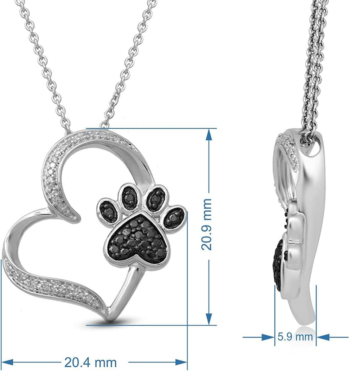 Heart with Dog Paw Necklace Pendant in Sterling Silver with Treated Black and Na