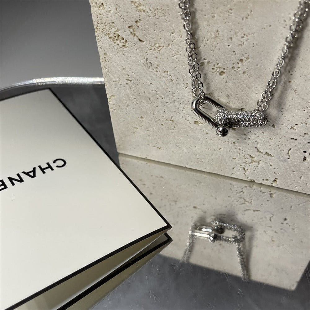 U-Shaped Horseshoe Buckle Gold Plated Diamond Necklace