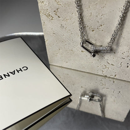 U-Shaped Horseshoe Buckle Gold Plated Diamond Necklace