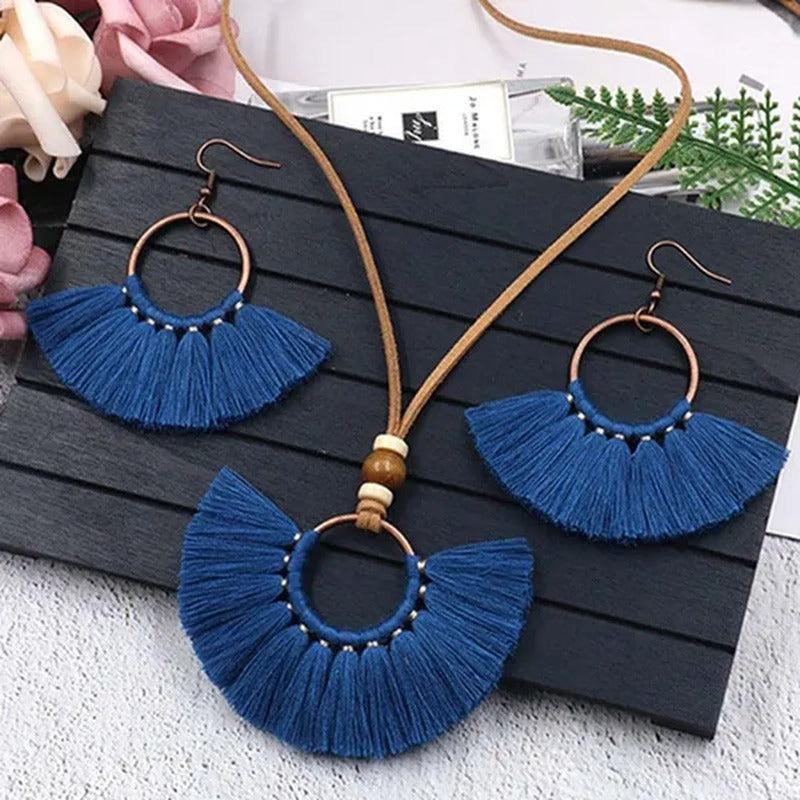 Retro Bohemia Tassel Fan-Shaped Necklace Earrings Set Tassel Jewelry Set Ethnic