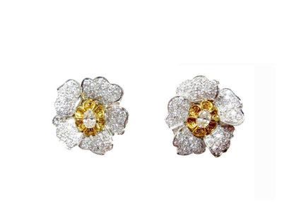 DIAMOND EARRING CENTER SET OVAL SHAPE DIAMOND SET FANCY INTENSE YELLOW ROUND 18K