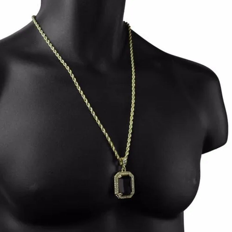 Mens Hip Hop 14K Gold Plated Simulated Black Ruby Pendant 24" 4Mm Rope Chain