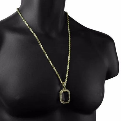 Mens Hip Hop 14K Gold Plated Simulated Black Ruby Pendant 24" 4Mm Rope Chain