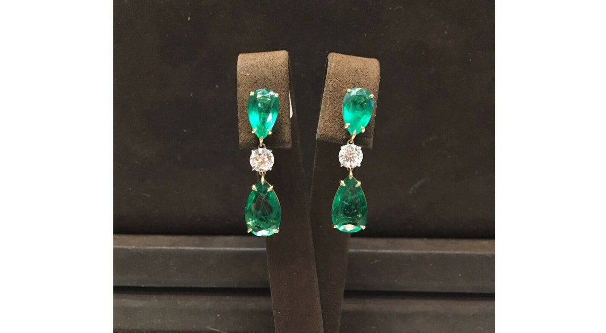 EMERALD FOUR PEAR SHAPE DIAMOND TWO ROUND SHAPE DANGLE SET EARRINGS