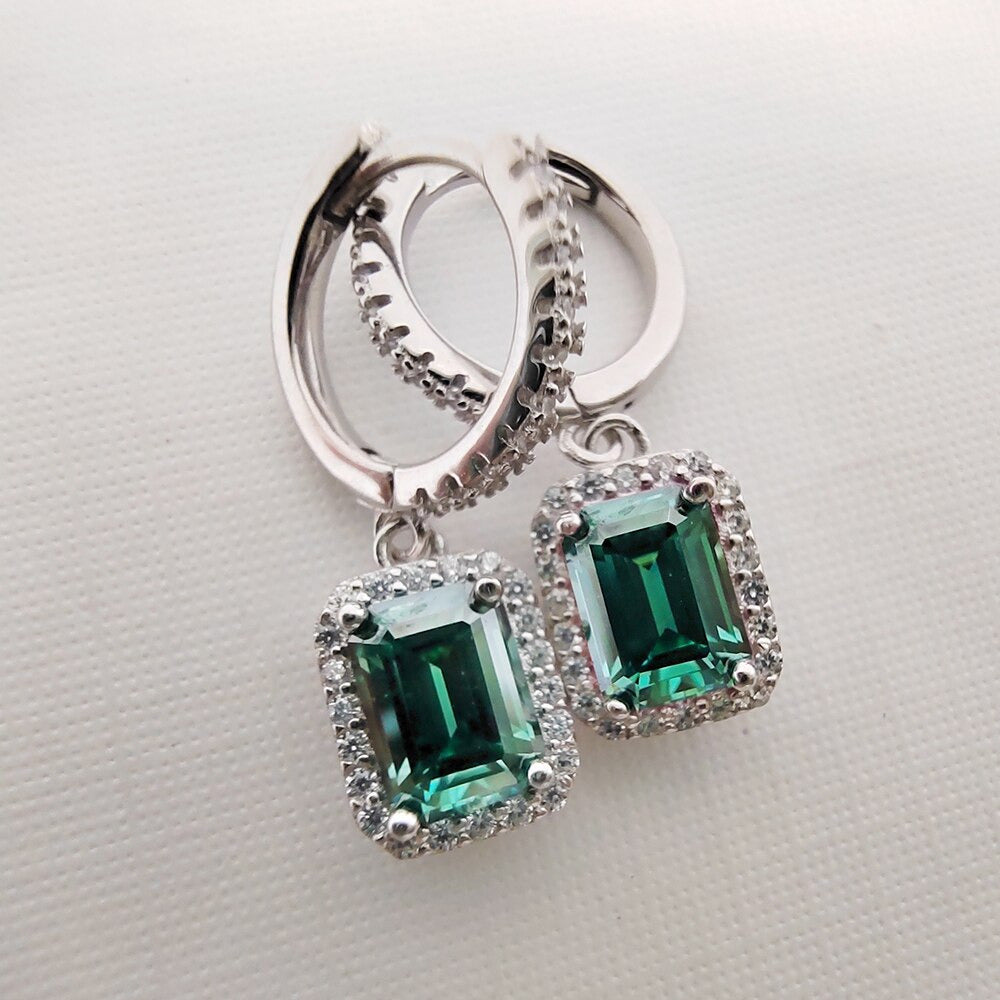 1CT 2CT 6X8MM Pink Green Emerald Cut Moissanite Earrings Pass Diamond Test 100%