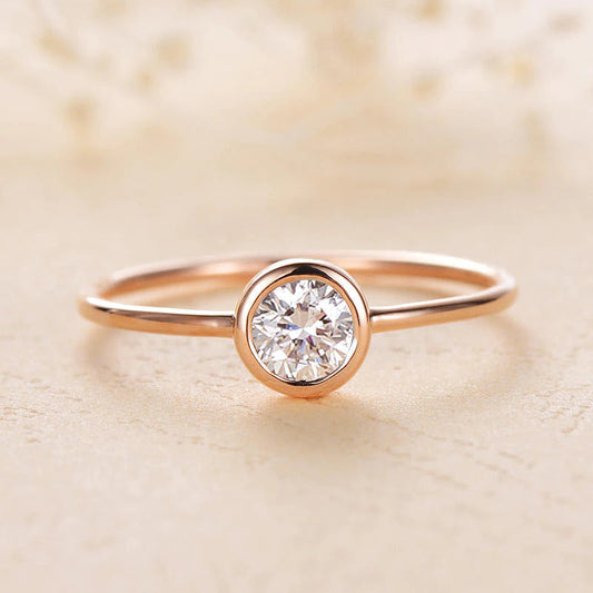 Solid 10K Yellow Gold 4Mm Moissanite Bezel Set Engagement Ring Women Minimalist