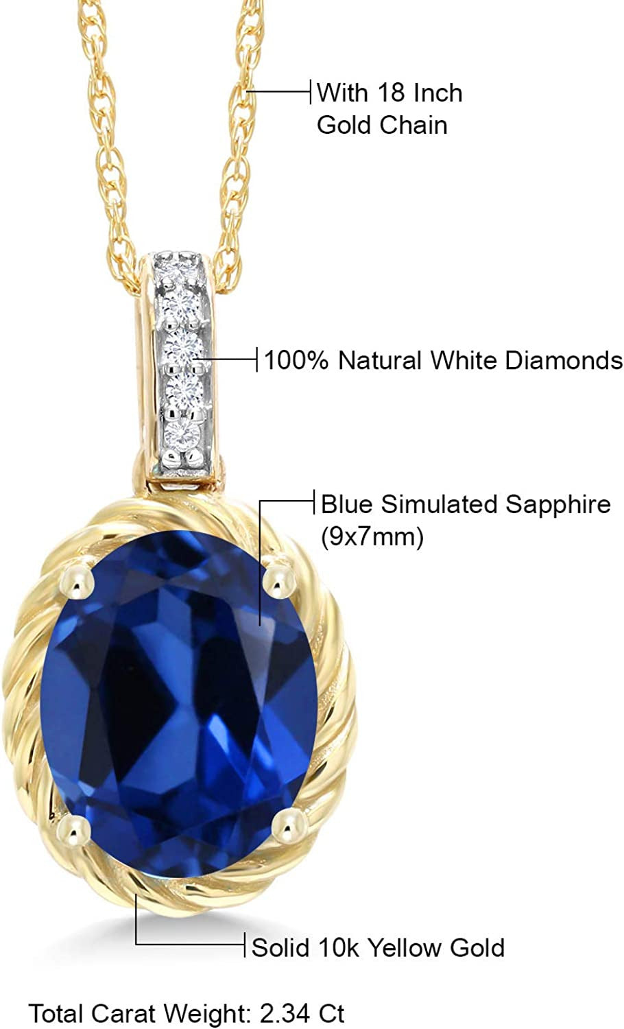 10K Yellow Gold Blue Created Sapphire and White Diamond Pendant Necklace for Wom
