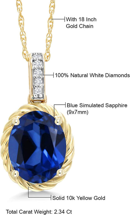 10K Yellow Gold Blue Created Sapphire and White Diamond Pendant Necklace for Wom