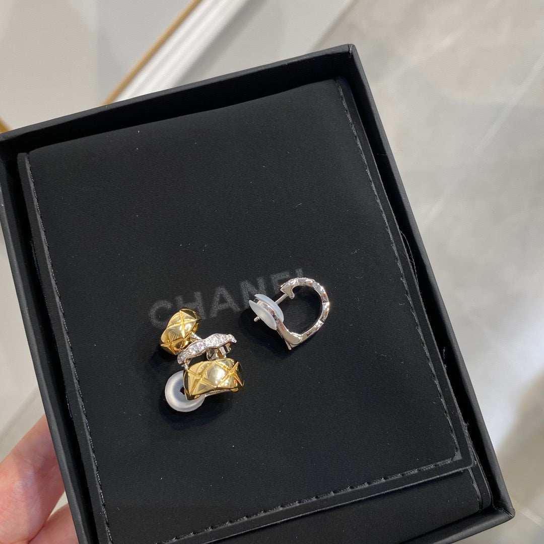 Diamond Check X Letter Asymmetrical Diamond Earrings