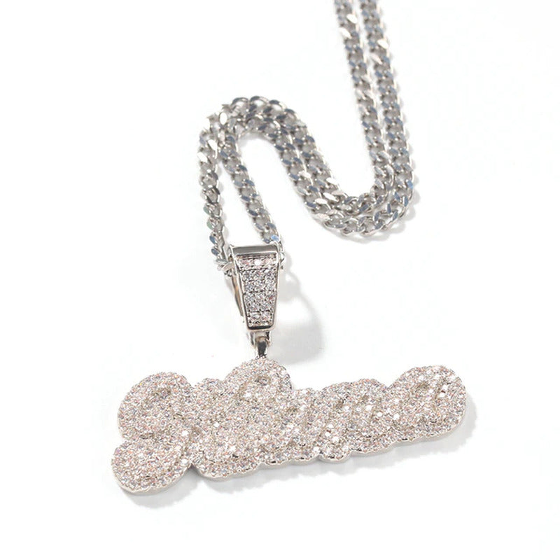 Small Custom Name Necklace Cursive Letter with Tennis Chain Cubic Zirconia