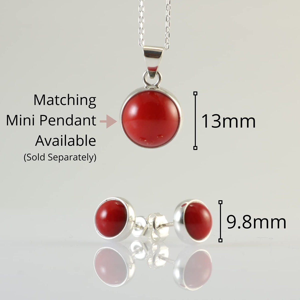 Sterling Silver 925 round Stone Handmade Stud Earrings for Women (Red Coral - 9.