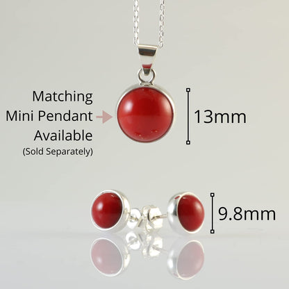 Sterling Silver 925 round Stone Handmade Stud Earrings for Women (Red Coral - 9.