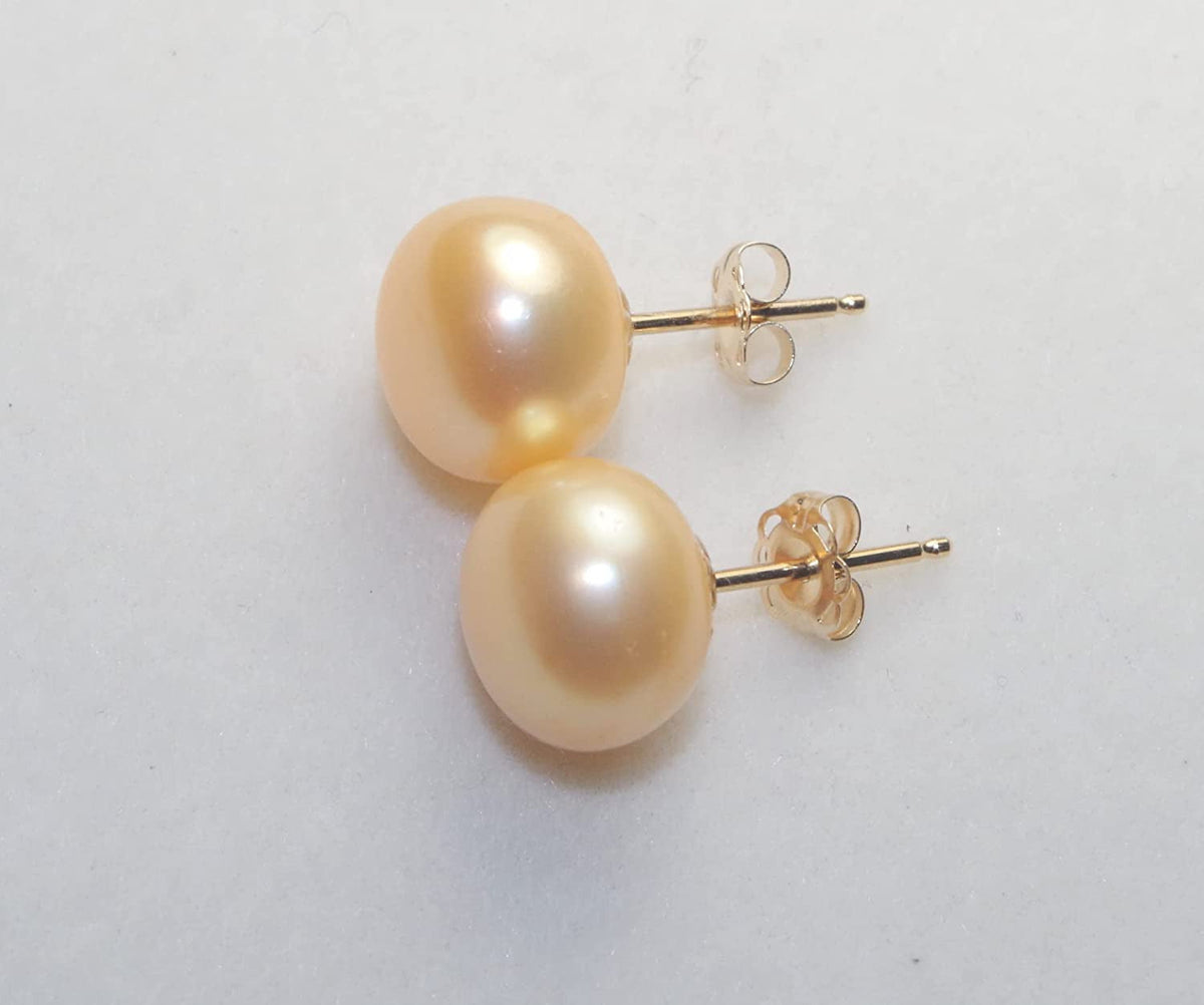 Quality Golden Champagne Pearl Semi round Dome Button 10 MM Stud Earrings 14K Go
