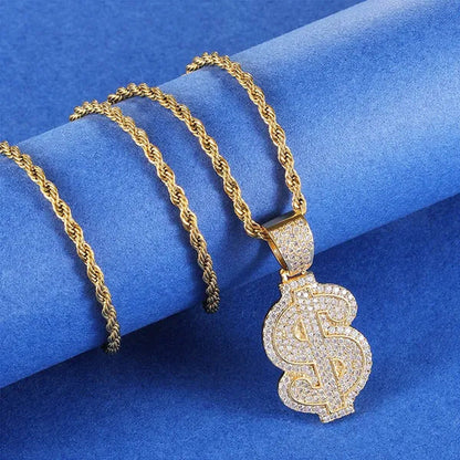 Full Diamonds Heart Shape / US Dollar Symbol Pendant with 24" Rope Chain Necklac