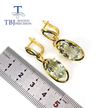 New Natural Green Amethyst Oval 10*14Mm Gemstone Earrings 925 Sterling Silver Si