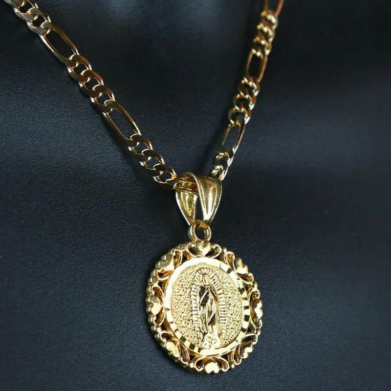 18K Gold Plated Lovely round Virgen De Guadalupe Pendant 5Mm 18" Virgin Mary Fig