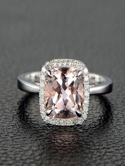 Sale: 1.25 Carat Cushion Cut Peach Pink Morganite and Diamond Halo Engagement Ri