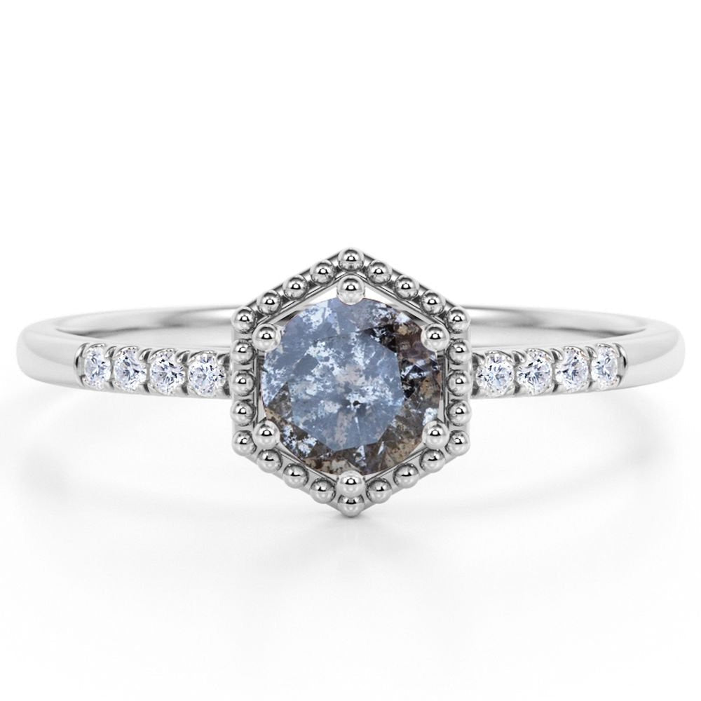 Hexagon .65 Carat round Cut Natural Salt and Pepper Diamond Pave Accent Minimali