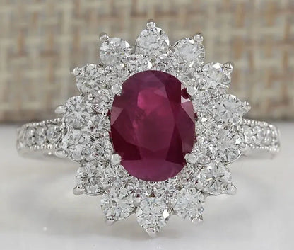 Noble Brand Jewelry Natural 5.86CT Red Ruby Gemstone 925 Sterling Silver Ring