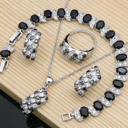 Silver 925 Gemstones Jewelry Sets for Women Ring Earrings Necklace Sapphire Ruby