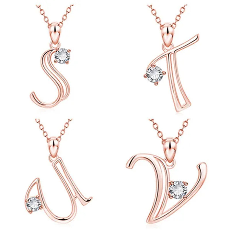 Rose Gold 26 Letters Necklace Alphabet Diamond Name Pendant Necklace Birthday Ch