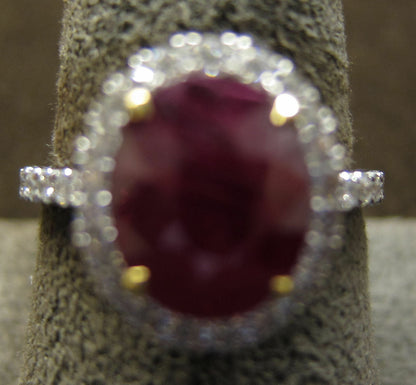 Ruby oval shape 5.02 ct and diamond ring 18 k white gold