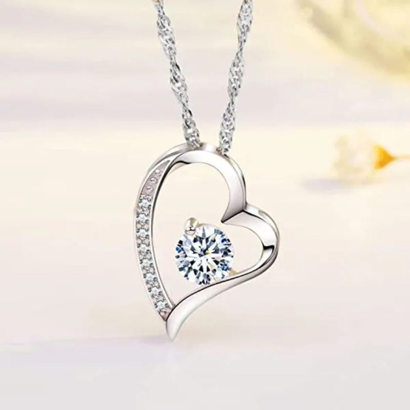 Bridal Wedding Clavicle Necklace 925 Sterling Silver Diamond Heart Necklace for