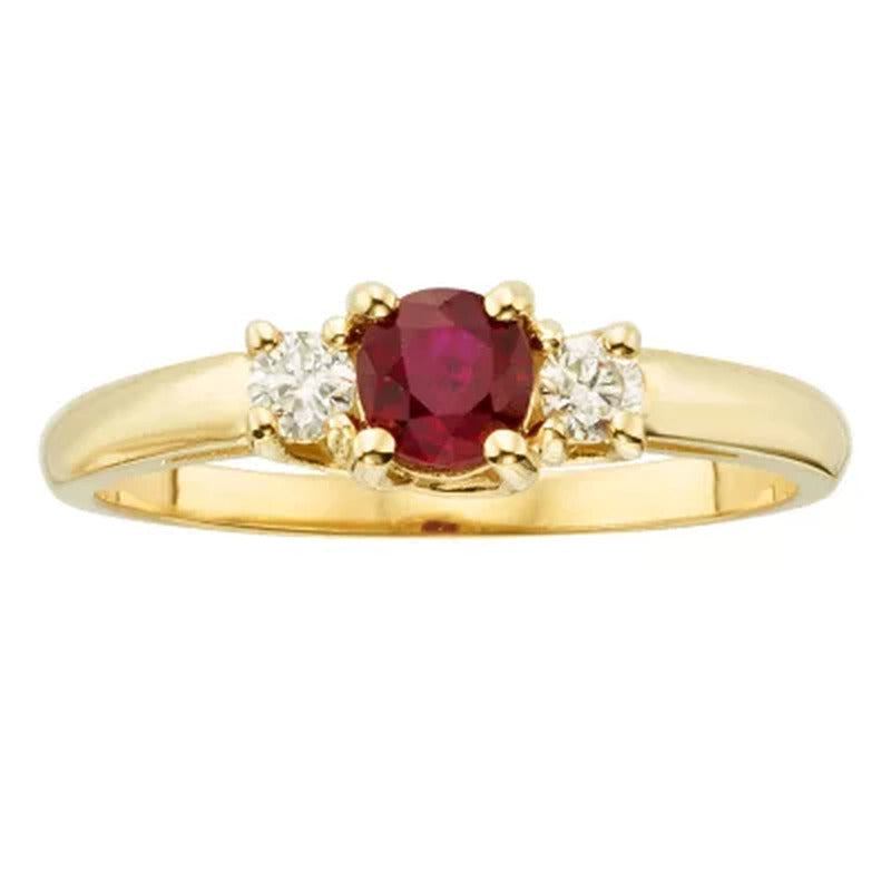 Three Stone round Ruby Ring with 0.14 CT. T.W. Diamond Set in 14K Gold