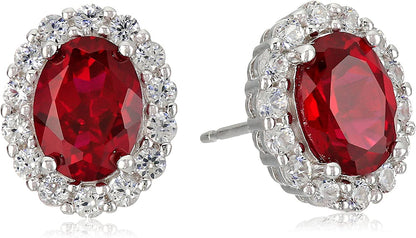 Sterling Silver Created Ruby and White Sapphire Halo Oval Stud Earrings