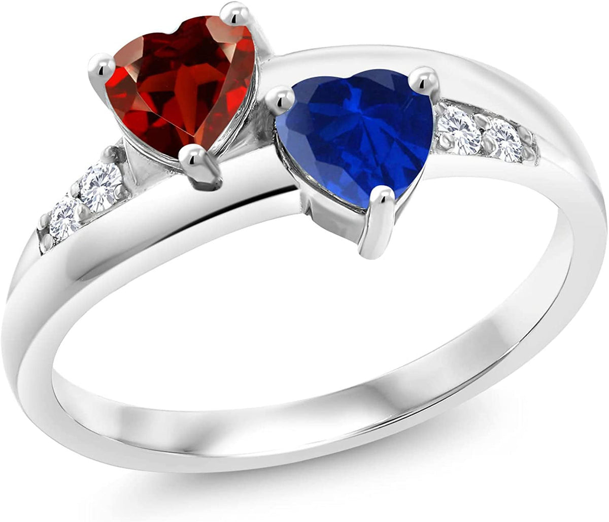925 Sterling Silver Red Garnet and Blue Created Sapphire and Lab Grown Diamond W