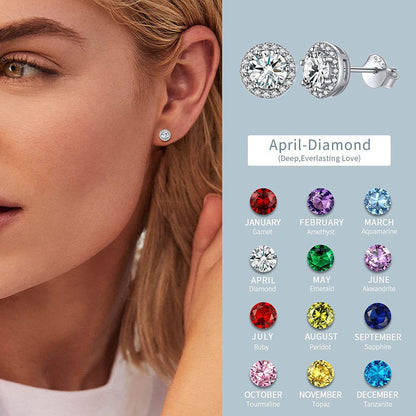 Birthstone Stud Earrings 925 Sterling Silver with Cubic Zirconia Crystal - April