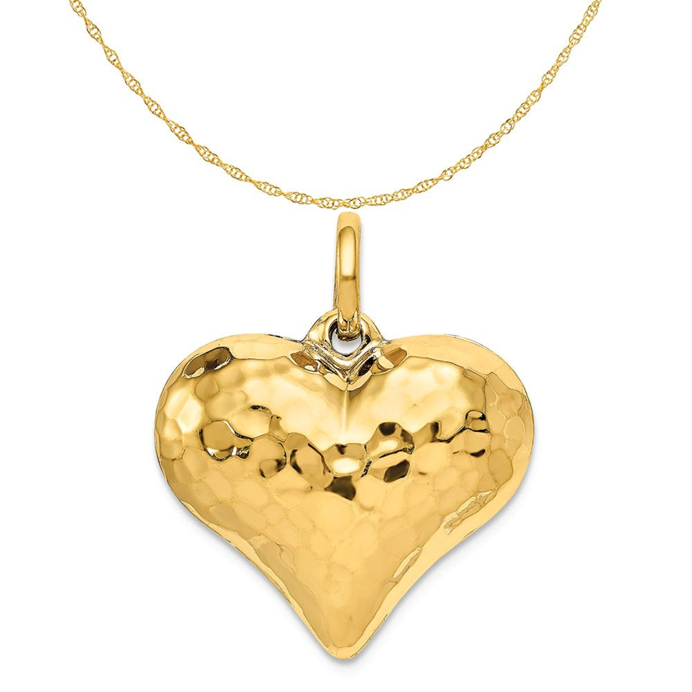 14K Yellow Gold Polished and Hammered 3-D Heart Pendant Charm (26Mm X 21Mm) with