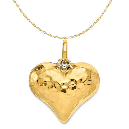 14K Yellow Gold Polished and Hammered 3-D Heart Pendant Charm (26Mm X 21Mm) with