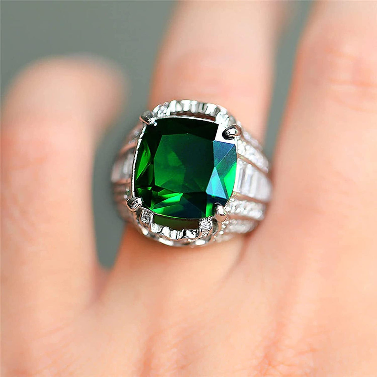 925 Sterling Silver Shiny Full Diamond Emerald Ring Cubic Zirconia Rings Gemston