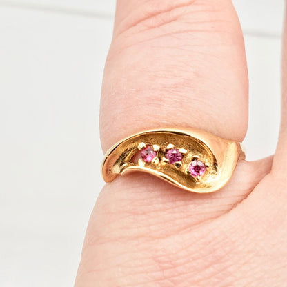 Three Stone Natural Red Ruby in Solid 14K Yellow Gold Ring | Size 6 |