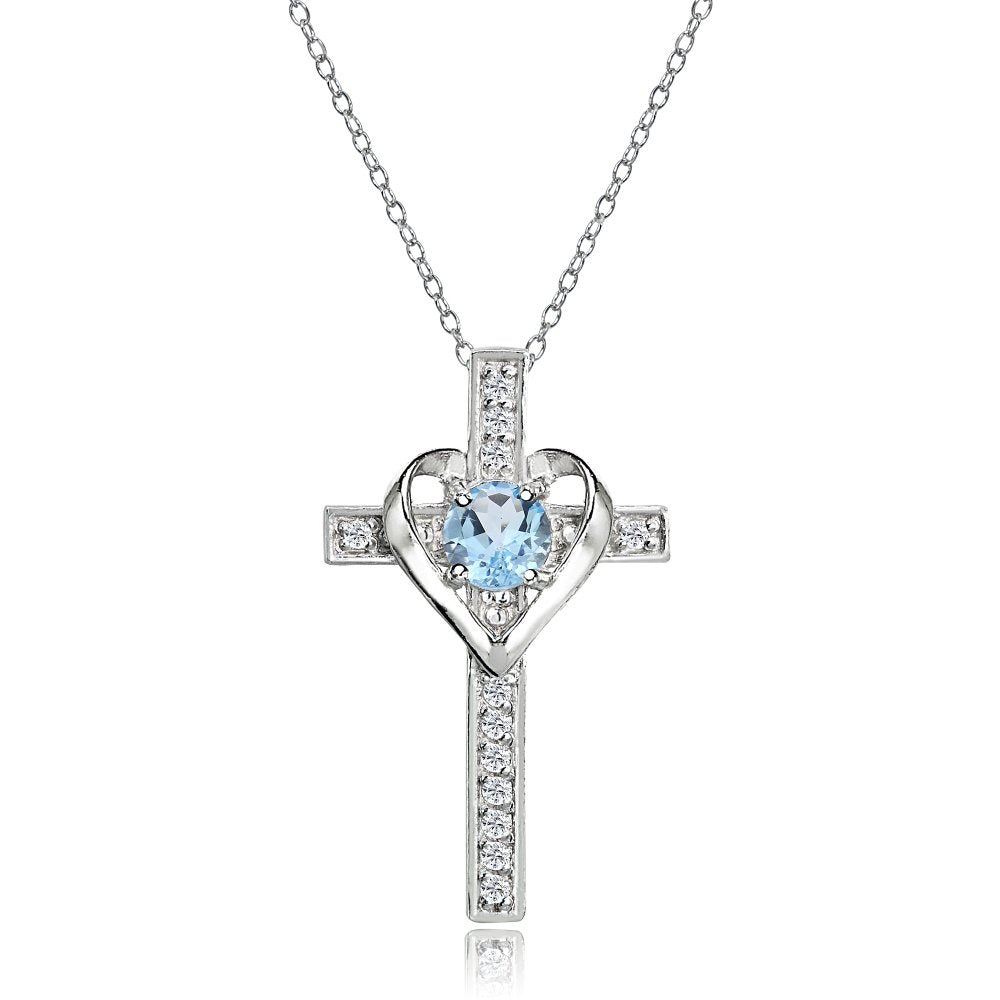 Sterling Silver Blue Topaz and White Topaz Heart Cross Birthstone Pendant Neckla